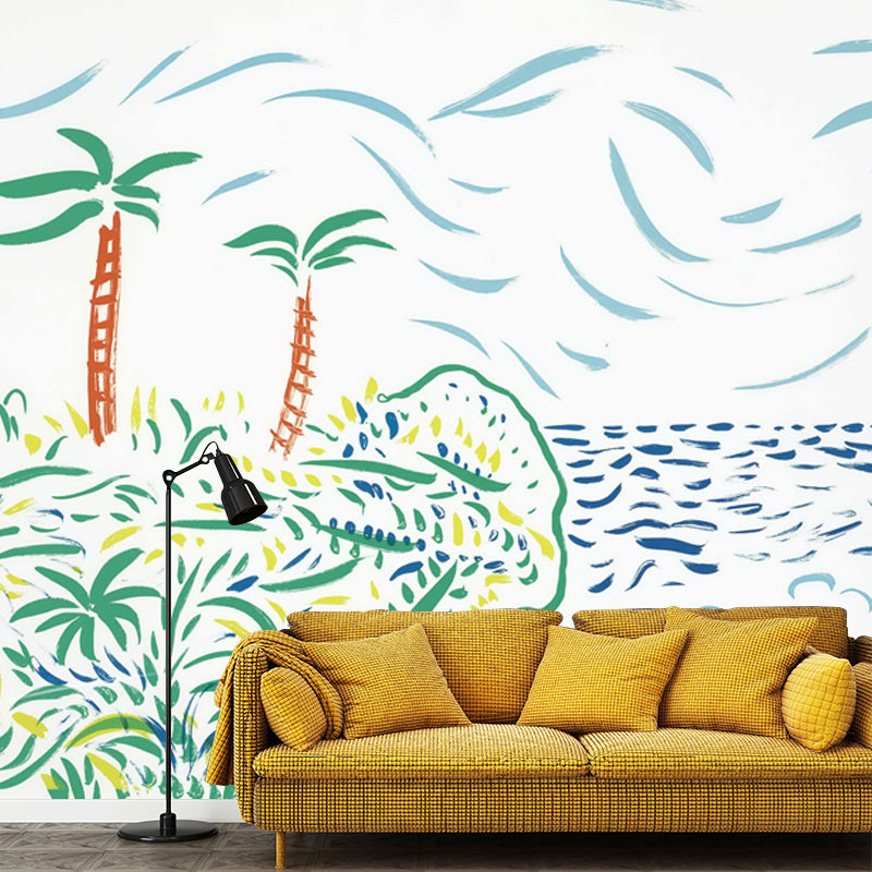 Art Tropical Landscape Wall Mural Decal in Blue Scenery Painting Wall Covering for Home Blue-Orange-Yellow Clearhalo 'Wall Decor' 'Wall Mural' 1409696