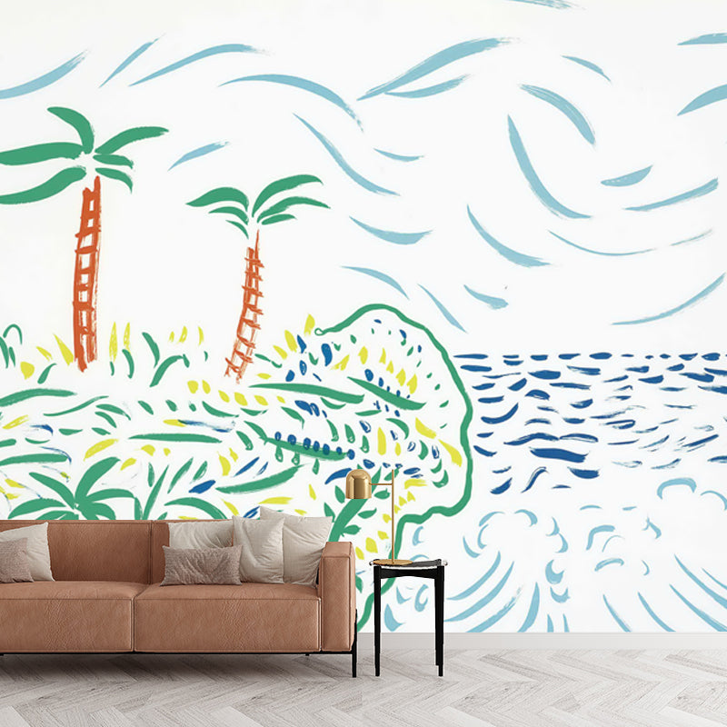 Art Tropical Landscape Wall Mural Decal in Blue Scenery Painting Wall Covering for Home Clearhalo 'Wall Decor' 'Wall Mural' 1409697