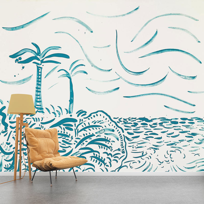 Art Tropical Landscape Wall Mural Decal in Blue Scenery Painting Wall Covering for Home Blue Clearhalo 'Wall Decor' 'Wall Mural' 1409701