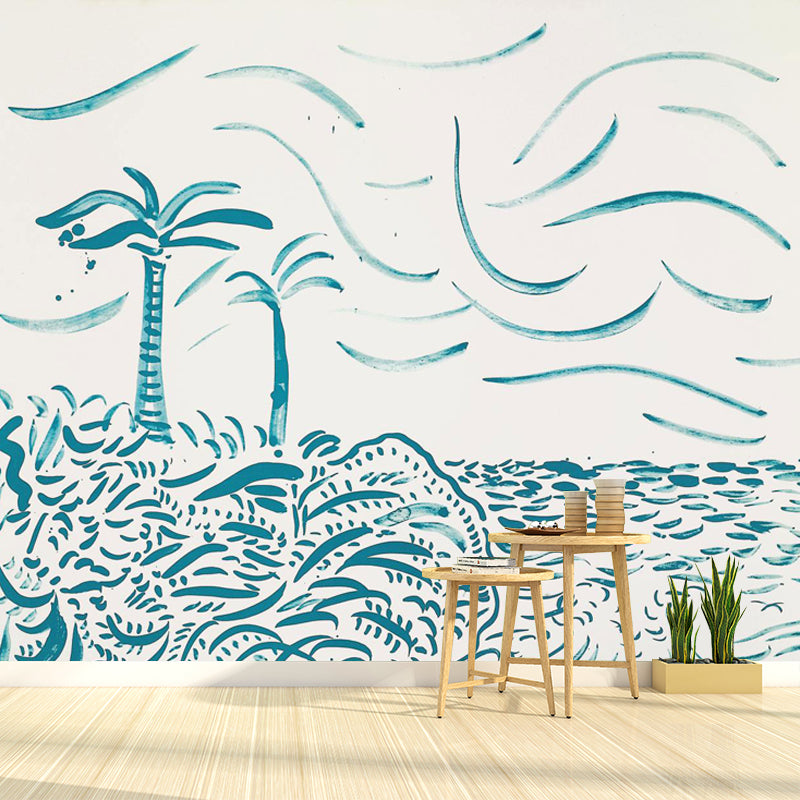 Art Tropical Landscape Wall Mural Decal in Blue Scenery Painting Wall Covering for Home Clearhalo 'Wall Decor' 'Wall Mural' 1409702