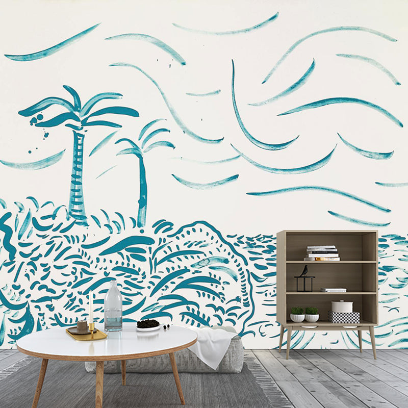 Art Tropical Landscape Wall Mural Decal in Blue Scenery Painting Wall Covering for Home Clearhalo 'Wall Decor' 'Wall Mural' 1409703