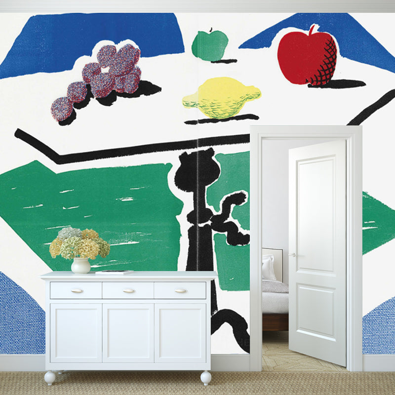 Table Fruits Still Life Murals Art Deco Smooth Wall Covering in Red-Yellow-Blue-Green Clearhalo 'Wall Decor' 'Wall Mural' 1409708