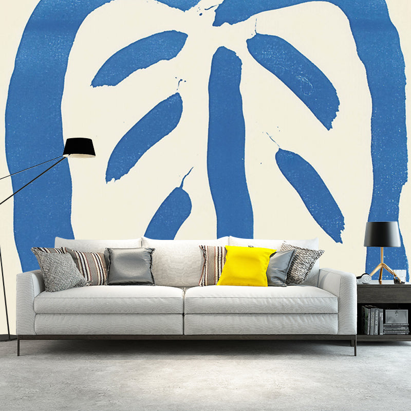 Art Deco Leaf Murals in Blue-White Stain Resistant Wall Covering for Living Room Blue-White Clearhalo 'Wall Decor' 'Wall Mural' 1409726