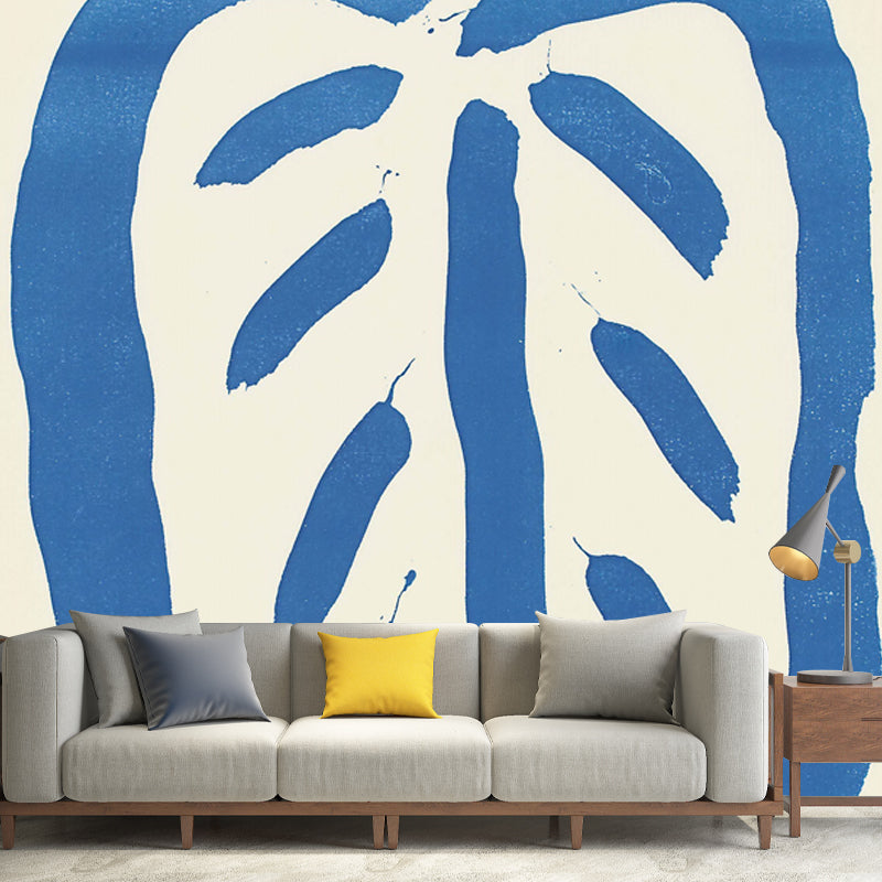 Art Deco Leaf Murals in Blue-White Stain Resistant Wall Covering for Living Room Clearhalo 'Wall Decor' 'Wall Mural' 1409727