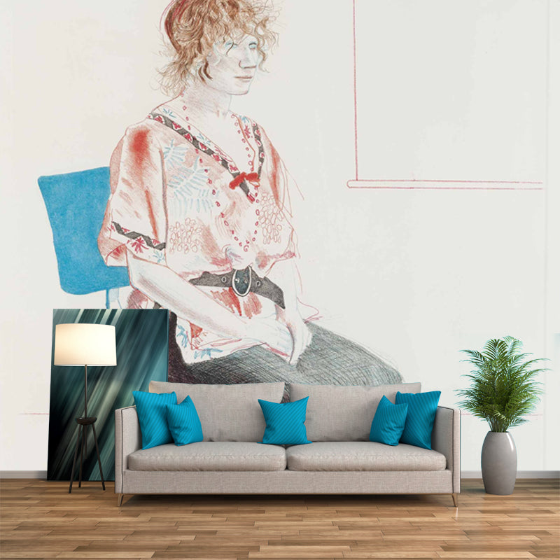 Art Deco Gypsies Girl Mural Wallpaper Red-Blue Bedroom Wall Covering, Made to Measure Red-Blue Clearhalo 'Wall Decor' 'Wall Mural' 1409826