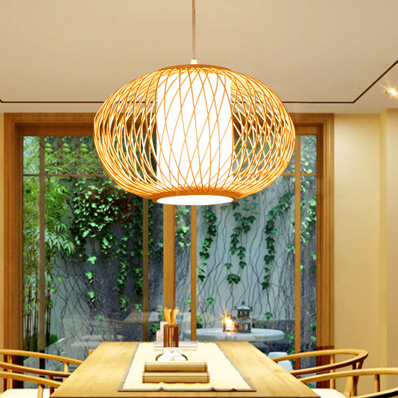 Beige Hand-Knitted Hanging Lighting with Drum Shade Modernism 10"/16" W 1 Bulb Bamboo Ceiling Lamp for Dining Room Clearhalo 'Ceiling Lights' 'Pendant Lights' 'Pendants' Lighting' 141082