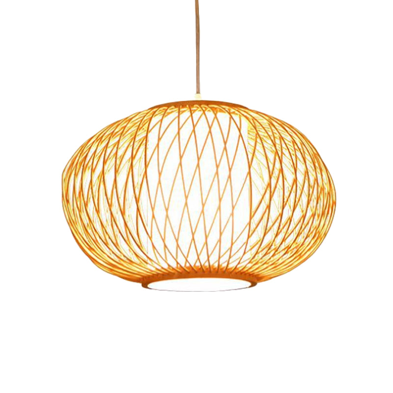 Beige Hand-Knitted Hanging Lighting with Drum Shade Modernism 10"/16" W 1 Bulb Bamboo Ceiling Lamp for Dining Room Clearhalo 'Ceiling Lights' 'Pendant Lights' 'Pendants' Lighting' 141084