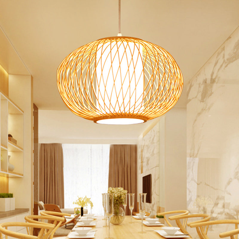 Beige Hand-Knitted Hanging Lighting with Drum Shade Modernism 10"/16" W 1 Bulb Bamboo Ceiling Lamp for Dining Room Clearhalo 'Ceiling Lights' 'Pendant Lights' 'Pendants' Lighting' 141085