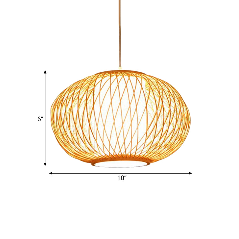 Beige Hand-Knitted Hanging Lighting with Drum Shade Modernism 10"/16" W 1 Bulb Bamboo Ceiling Lamp for Dining Room Clearhalo 'Ceiling Lights' 'Pendant Lights' 'Pendants' Lighting' 141086