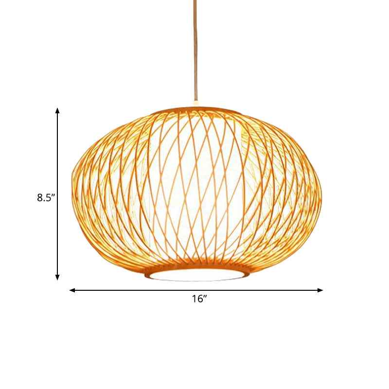 Beige Hand-Knitted Hanging Lighting with Drum Shade Modernism 10"/16" W 1 Bulb Bamboo Ceiling Lamp for Dining Room Clearhalo 'Ceiling Lights' 'Pendant Lights' 'Pendants' Lighting' 141087