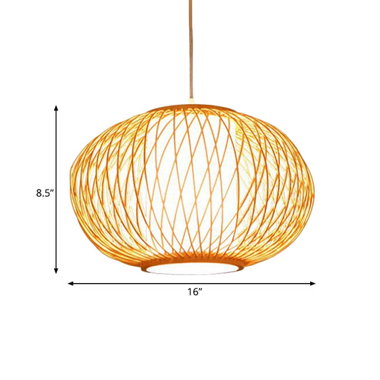 Beige Hand-Knitted Hanging Lighting with Drum Shade Modernism 10"/16" W 1 Bulb Bamboo Ceiling Lamp for Dining Room Clearhalo 'Ceiling Lights' 'Pendant Lights' 'Pendants' Lighting' 141087