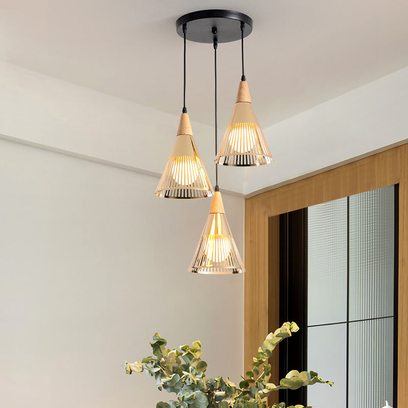 Nordic Cone Ceiling Light 3 Heads Metal and Wood Pendant Lighting with Wire Frame and Linear/Round Canopy in Black/White Gold Round Clearhalo 'Ceiling Lights' 'Modern Pendants' 'Modern' 'Pendant Lights' 'Pendants' Lighting' 141089