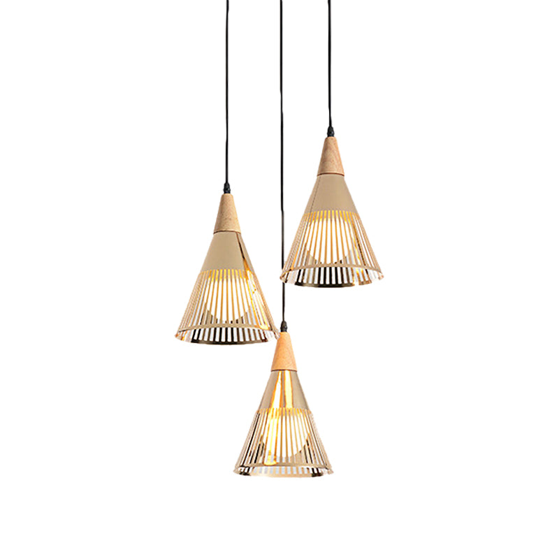 Nordic Cone Ceiling Light 3 Heads Metal and Wood Pendant Lighting with Wire Frame and Linear/Round Canopy in Black/White Clearhalo 'Ceiling Lights' 'Modern Pendants' 'Modern' 'Pendant Lights' 'Pendants' Lighting' 141091