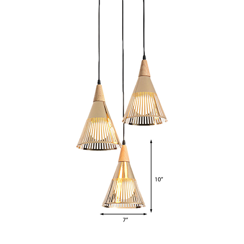 Nordic Cone Ceiling Light 3 Heads Metal and Wood Pendant Lighting with Wire Frame and Linear/Round Canopy in Black/White Clearhalo 'Ceiling Lights' 'Modern Pendants' 'Modern' 'Pendant Lights' 'Pendants' Lighting' 141092