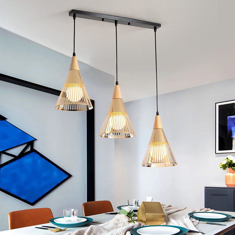 Nordic Cone Ceiling Light 3 Heads Metal and Wood Pendant Lighting with Wire Frame and Linear/Round Canopy in Black/White Gold Linear Clearhalo 'Ceiling Lights' 'Modern Pendants' 'Modern' 'Pendant Lights' 'Pendants' Lighting' 141094