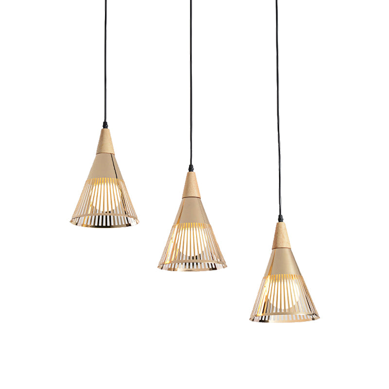 Nordic Cone Ceiling Light 3 Heads Metal and Wood Pendant Lighting with Wire Frame and Linear/Round Canopy in Black/White Clearhalo 'Ceiling Lights' 'Modern Pendants' 'Modern' 'Pendant Lights' 'Pendants' Lighting' 141095