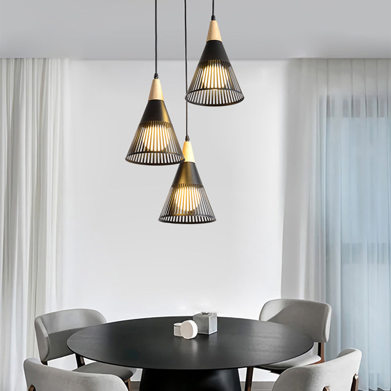 Nordic Cone Ceiling Light 3 Heads Metal and Wood Pendant Lighting with Wire Frame and Linear/Round Canopy in Black/White Black Round Clearhalo 'Ceiling Lights' 'Modern Pendants' 'Modern' 'Pendant Lights' 'Pendants' Lighting' 141097