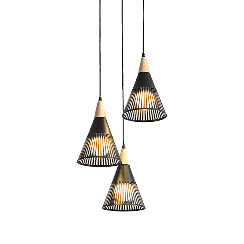 Nordic Cone Ceiling Light 3 Heads Metal and Wood Pendant Lighting with Wire Frame and Linear/Round Canopy in Black/White Clearhalo 'Ceiling Lights' 'Modern Pendants' 'Modern' 'Pendant Lights' 'Pendants' Lighting' 141098