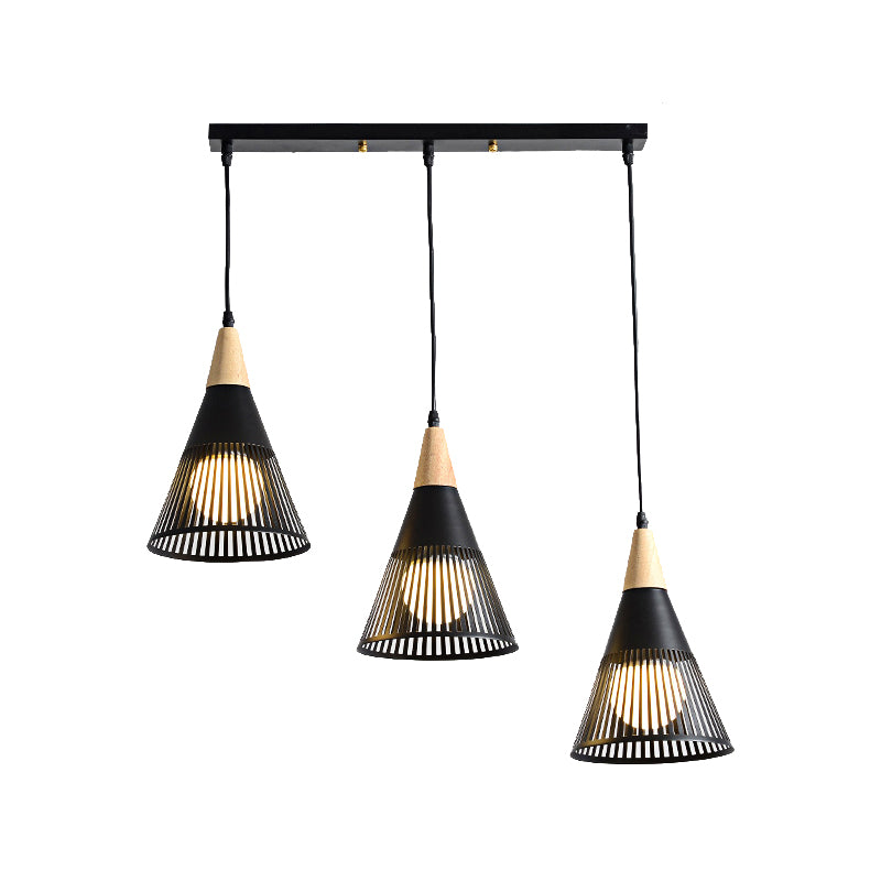 Nordic Cone Ceiling Light 3 Heads Metal and Wood Pendant Lighting with Wire Frame and Linear/Round Canopy in Black/White Clearhalo 'Ceiling Lights' 'Modern Pendants' 'Modern' 'Pendant Lights' 'Pendants' Lighting' 141100