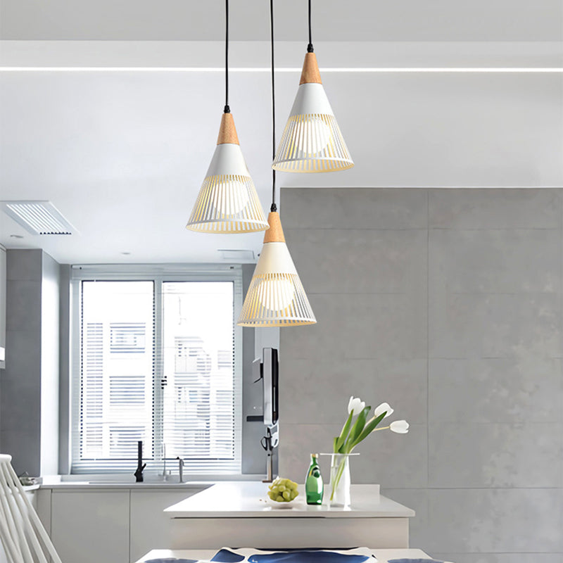 Nordic Cone Ceiling Light 3 Heads Metal and Wood Pendant Lighting with Wire Frame and Linear/Round Canopy in Black/White White Round Clearhalo 'Ceiling Lights' 'Modern Pendants' 'Modern' 'Pendant Lights' 'Pendants' Lighting' 141101