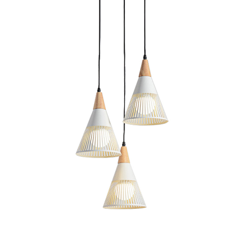 Nordic Cone Ceiling Light 3 Heads Metal and Wood Pendant Lighting with Wire Frame and Linear/Round Canopy in Black/White Clearhalo 'Ceiling Lights' 'Modern Pendants' 'Modern' 'Pendant Lights' 'Pendants' Lighting' 141102