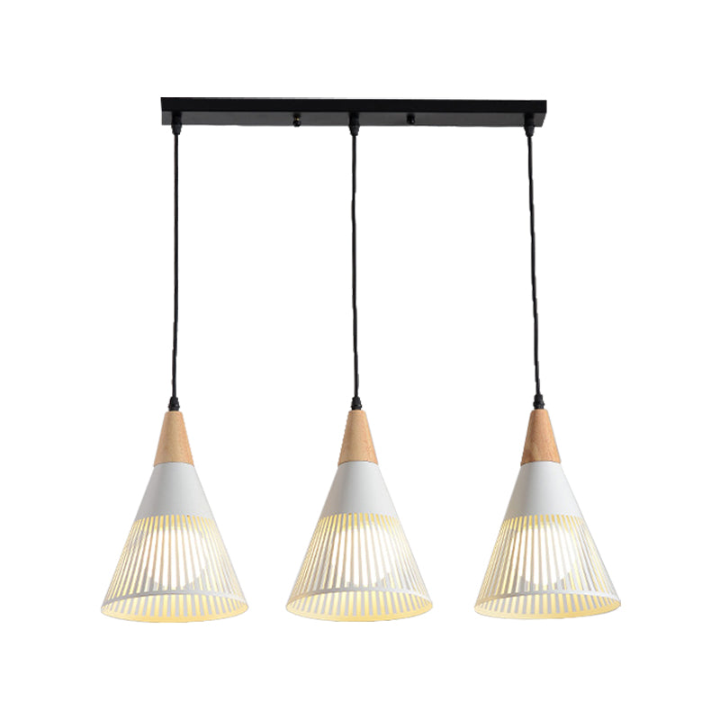 Nordic Cone Ceiling Light 3 Heads Metal and Wood Pendant Lighting with Wire Frame and Linear/Round Canopy in Black/White Clearhalo 'Ceiling Lights' 'Modern Pendants' 'Modern' 'Pendant Lights' 'Pendants' Lighting' 141104