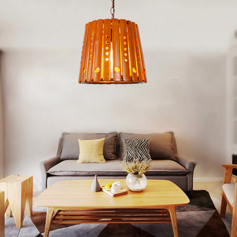 Barrel Pendant Light Fixture Modern Wood 1 Light Dining Room Hanging Light in Brown Clearhalo 'Ceiling Lights' 'Modern Pendants' 'Modern' 'Pendant Lights' 'Pendants' Lighting' 141113