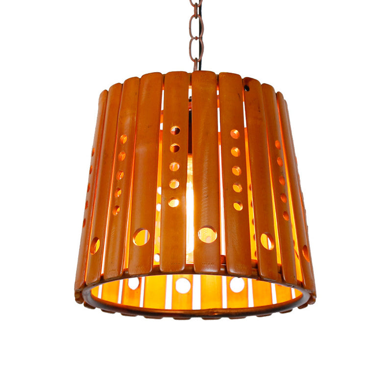 Barrel Pendant Light Fixture Modern Wood 1 Light Dining Room Hanging Light in Brown Clearhalo 'Ceiling Lights' 'Modern Pendants' 'Modern' 'Pendant Lights' 'Pendants' Lighting' 141114