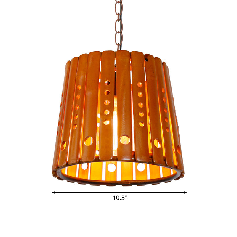 Barrel Pendant Light Fixture Modern Wood 1 Light Dining Room Hanging Light in Brown Clearhalo 'Ceiling Lights' 'Modern Pendants' 'Modern' 'Pendant Lights' 'Pendants' Lighting' 141115