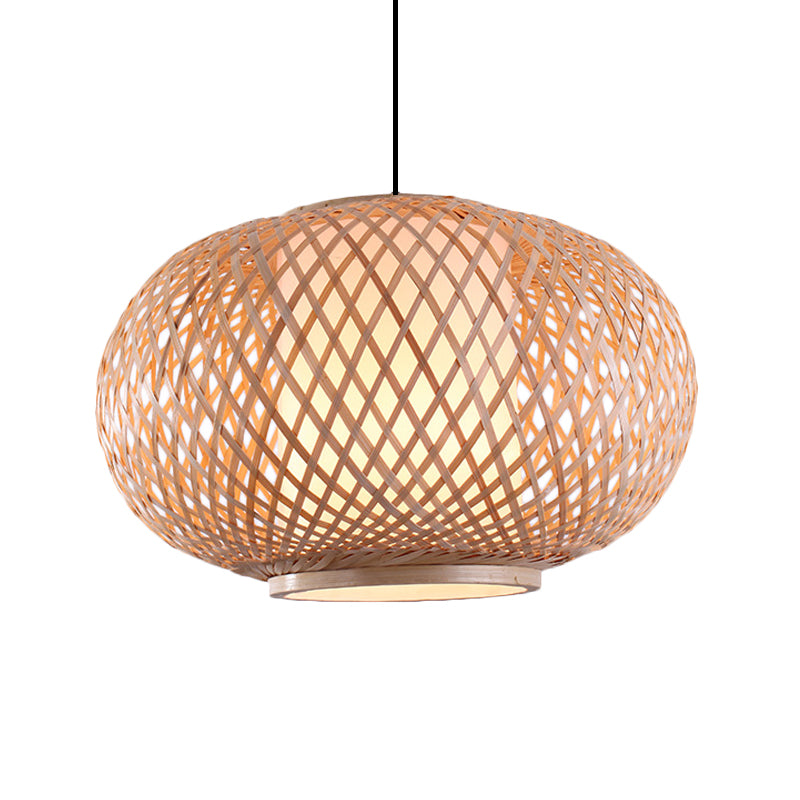 Curved Drum Restaurant Ceiling Fixture Bamboo 1 Light Asian Style Pendant Lighting with Cross Woven Design in Beige Clearhalo 'Ceiling Lights' 'Pendant Lights' 'Pendants' Lighting' 141118