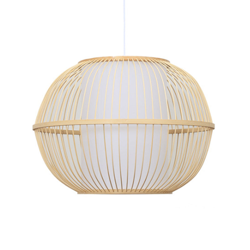 Bamboo Handmade Hanging Light Fixture Asian Style 12"/14" W 1-Light Beige Suspended Lamp with White Cylinder Inner Shade Clearhalo 'Ceiling Lights' 'Pendant Lights' 'Pendants' Lighting' 141136