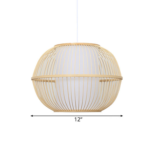 Bamboo Handmade Hanging Light Fixture Asian Style 12"/14" W 1-Light Beige Suspended Lamp with White Cylinder Inner Shade Clearhalo 'Ceiling Lights' 'Pendant Lights' 'Pendants' Lighting' 141137