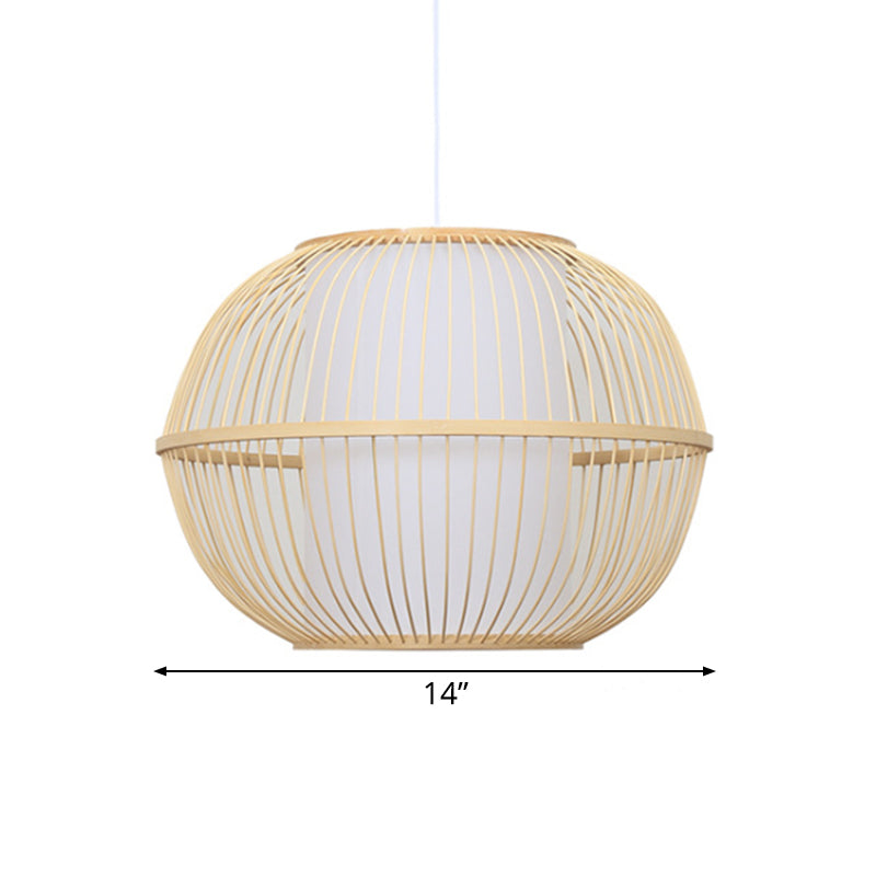 Bamboo Handmade Hanging Light Fixture Asian Style 12"/14" W 1-Light Beige Suspended Lamp with White Cylinder Inner Shade Clearhalo 'Ceiling Lights' 'Pendant Lights' 'Pendants' Lighting' 141138