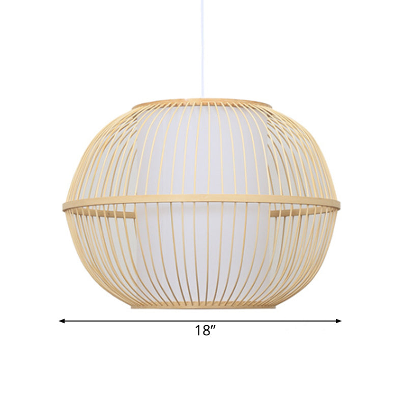 Bamboo Handmade Hanging Light Fixture Asian Style 12"/14" W 1-Light Beige Suspended Lamp with White Cylinder Inner Shade Clearhalo 'Ceiling Lights' 'Pendant Lights' 'Pendants' Lighting' 141139