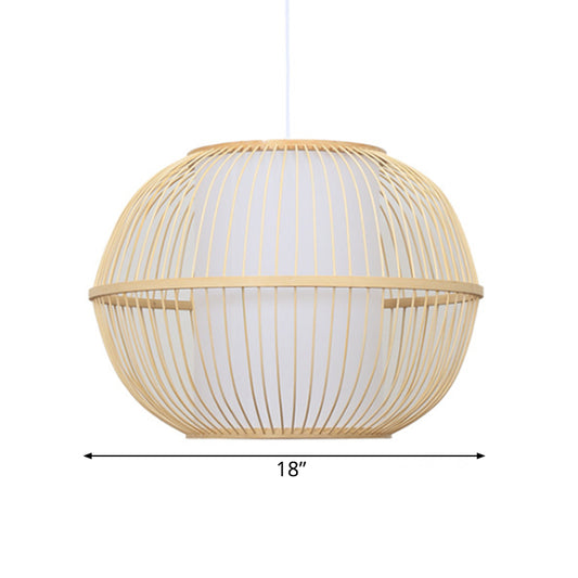 Bamboo Handmade Hanging Light Fixture Asian Style 12"/14" W 1-Light Beige Suspended Lamp with White Cylinder Inner Shade Clearhalo 'Ceiling Lights' 'Pendant Lights' 'Pendants' Lighting' 141139