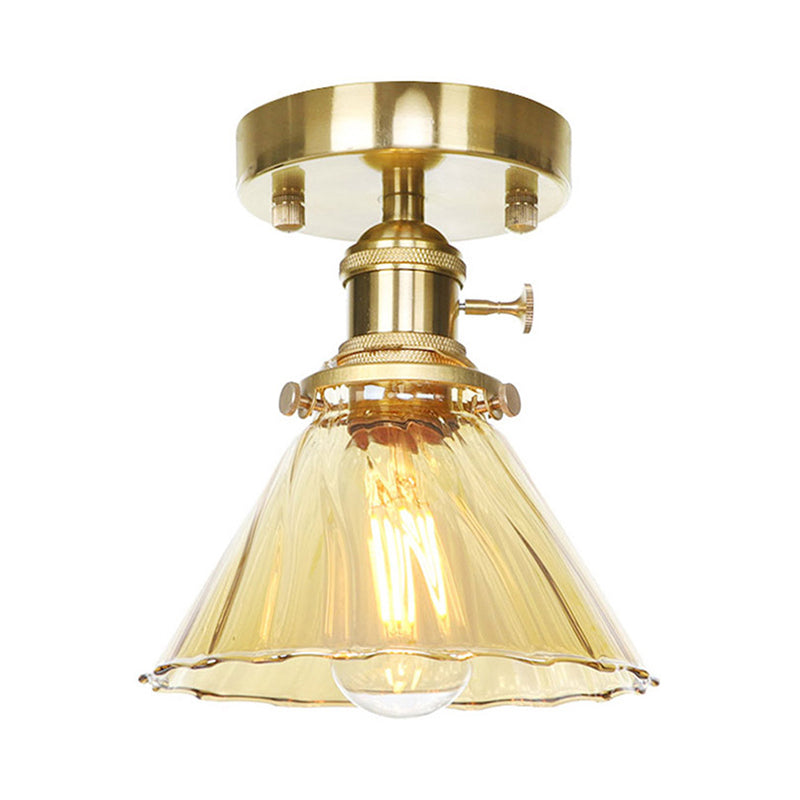 Cone Ruffle Glass Semi Flush Vintage Retro 1 Bulb Living Room Light Fixture in Clear/Amber Clearhalo 'Ceiling Lights' 'Close To Ceiling Lights' 'Close to ceiling' 'Glass shade' 'Glass' 'Semi-flushmount' Lighting' 141167