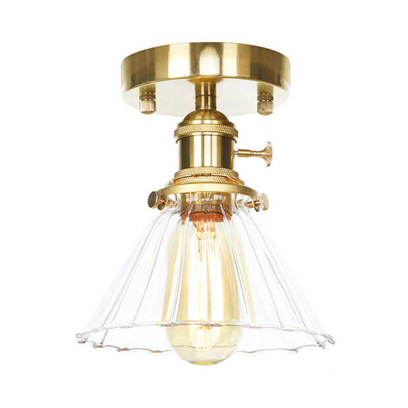 Cone Ruffle Glass Semi Flush Vintage Retro 1 Bulb Living Room Light Fixture in Clear/Amber Clearhalo 'Ceiling Lights' 'Close To Ceiling Lights' 'Close to ceiling' 'Glass shade' 'Glass' 'Semi-flushmount' Lighting' 141170