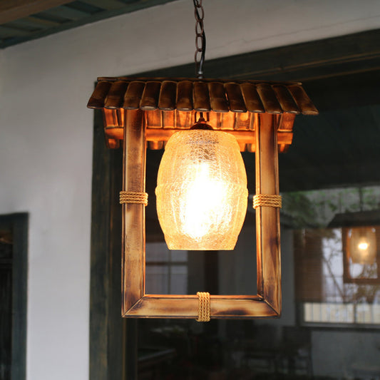 Rectangle Hanging Ceiling Light Rustic Bamboo 1 Bulb Foyer Pendant Lamp with Crackle Glass Shade in Beige Clearhalo 'Ceiling Lights' 'Pendant Lights' 'Pendants' Lighting' 141171