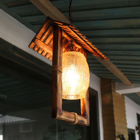 Rectangle Hanging Ceiling Light Rustic Bamboo 1 Bulb Foyer Pendant Lamp with Crackle Glass Shade in Beige Clearhalo 'Ceiling Lights' 'Pendant Lights' 'Pendants' Lighting' 141172