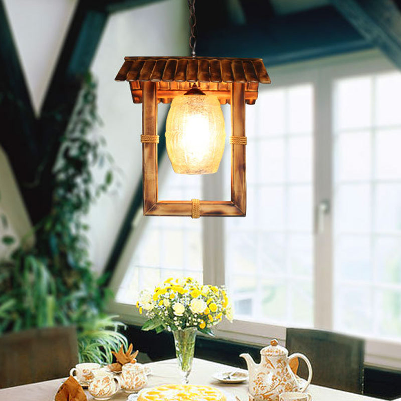 Rectangle Hanging Ceiling Light Rustic Bamboo 1 Bulb Foyer Pendant Lamp with Crackle Glass Shade in Beige Clearhalo 'Ceiling Lights' 'Pendant Lights' 'Pendants' Lighting' 141173