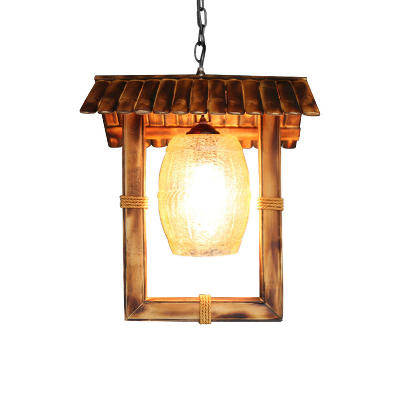 Rectangle Hanging Ceiling Light Rustic Bamboo 1 Bulb Foyer Pendant Lamp with Crackle Glass Shade in Beige Clearhalo 'Ceiling Lights' 'Pendant Lights' 'Pendants' Lighting' 141174