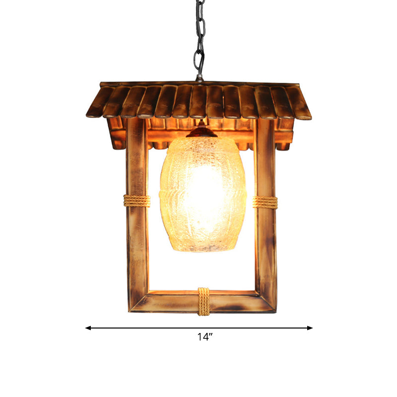 Rectangle Hanging Ceiling Light Rustic Bamboo 1 Bulb Foyer Pendant Lamp with Crackle Glass Shade in Beige Clearhalo 'Ceiling Lights' 'Pendant Lights' 'Pendants' Lighting' 141175