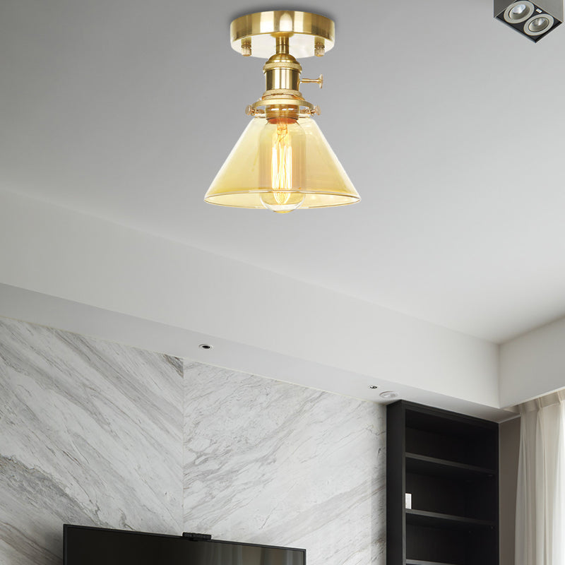 One Light Cone Semi Flush Light Industrial Brass Clear/Amber Glass Lighting Fixture for Living Room Amber Clearhalo 'Ceiling Lights' 'Close To Ceiling Lights' 'Close to ceiling' 'Glass shade' 'Glass' 'Semi-flushmount' Lighting' 141177