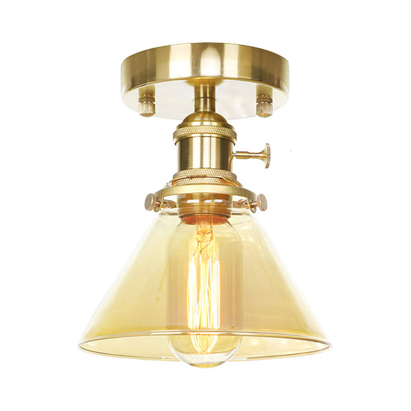 One Light Cone Semi Flush Light Industrial Brass Clear/Amber Glass Lighting Fixture for Living Room Clearhalo 'Ceiling Lights' 'Close To Ceiling Lights' 'Close to ceiling' 'Glass shade' 'Glass' 'Semi-flushmount' Lighting' 141179