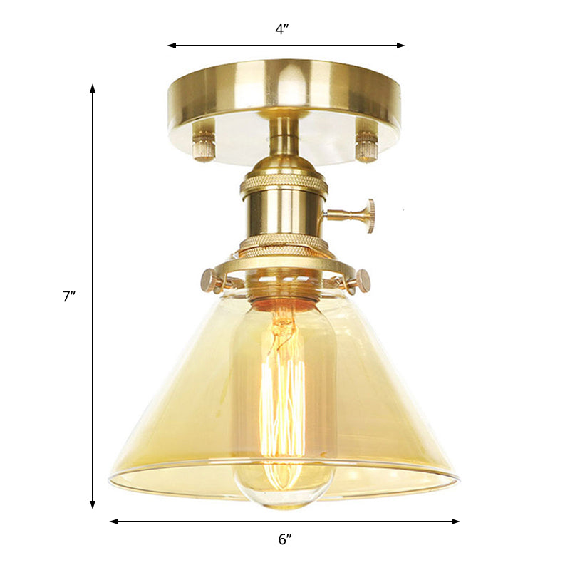 One Light Cone Semi Flush Light Industrial Brass Clear/Amber Glass Lighting Fixture for Living Room Clearhalo 'Ceiling Lights' 'Close To Ceiling Lights' 'Close to ceiling' 'Glass shade' 'Glass' 'Semi-flushmount' Lighting' 141180
