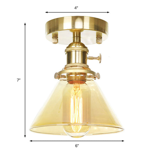 One Light Cone Semi Flush Light Industrial Brass Clear/Amber Glass Lighting Fixture for Living Room Clearhalo 'Ceiling Lights' 'Close To Ceiling Lights' 'Close to ceiling' 'Glass shade' 'Glass' 'Semi-flushmount' Lighting' 141180
