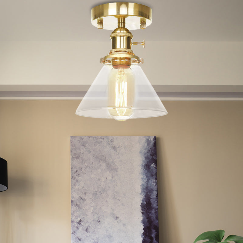 One Light Cone Semi Flush Light Industrial Brass Clear/Amber Glass Lighting Fixture for Living Room Clear Clearhalo 'Ceiling Lights' 'Close To Ceiling Lights' 'Close to ceiling' 'Glass shade' 'Glass' 'Semi-flushmount' Lighting' 141181