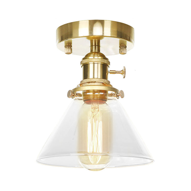 One Light Cone Semi Flush Light Industrial Brass Clear/Amber Glass Lighting Fixture for Living Room Clearhalo 'Ceiling Lights' 'Close To Ceiling Lights' 'Close to ceiling' 'Glass shade' 'Glass' 'Semi-flushmount' Lighting' 141182