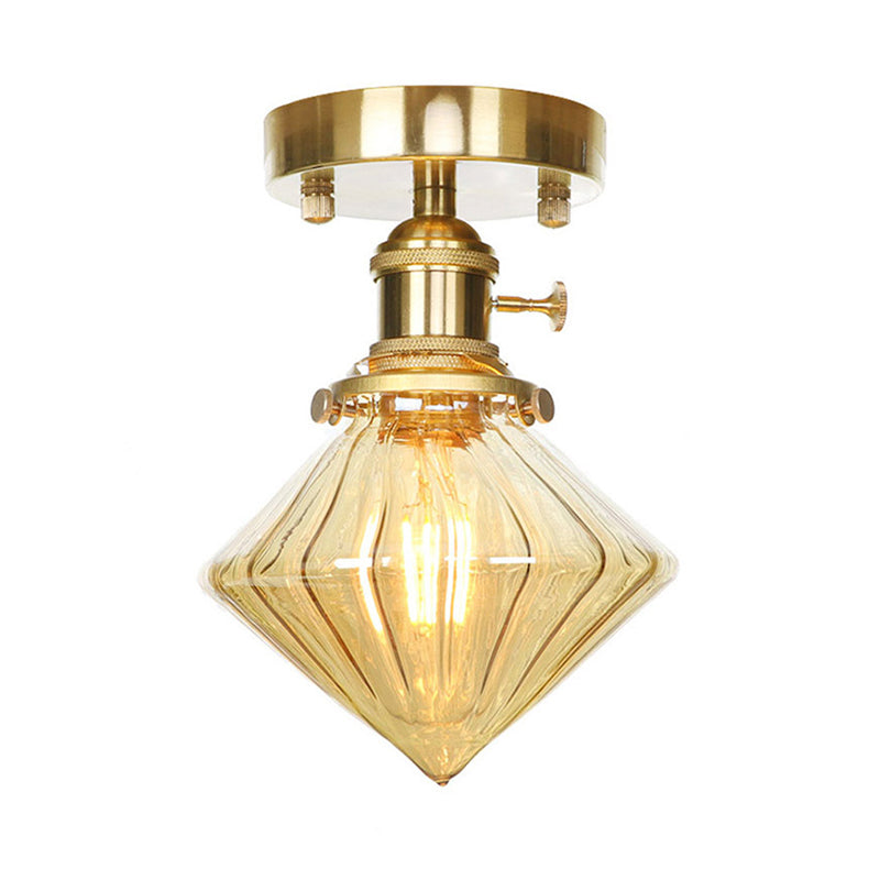 Gem Shade Living Room Semi Flush Industrial Prismatic Glass One Light Clear/Amber Lamping Clearhalo 'Ceiling Lights' 'Close To Ceiling Lights' 'Close to ceiling' 'Glass shade' 'Glass' 'Semi-flushmount' Lighting' 141185