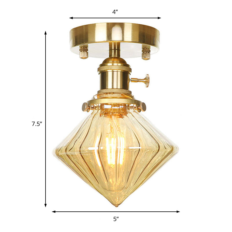 Gem Shade Living Room Semi Flush Industrial Prismatic Glass One Light Clear/Amber Lamping Clearhalo 'Ceiling Lights' 'Close To Ceiling Lights' 'Close to ceiling' 'Glass shade' 'Glass' 'Semi-flushmount' Lighting' 141186